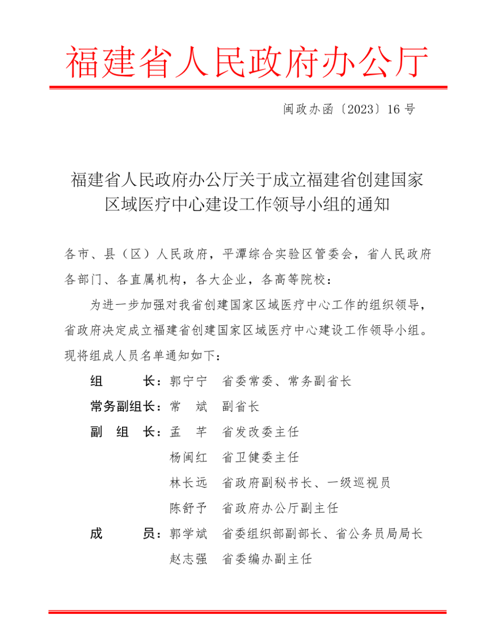 附名單福建省創建國家區域醫療中心建設工作領導小組成立