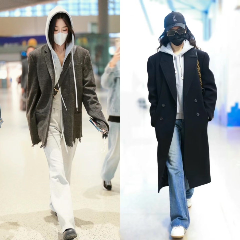 黑白灰"卫衣"叠穿西装或风衣,学会心机小技巧,时髦又有氛围感