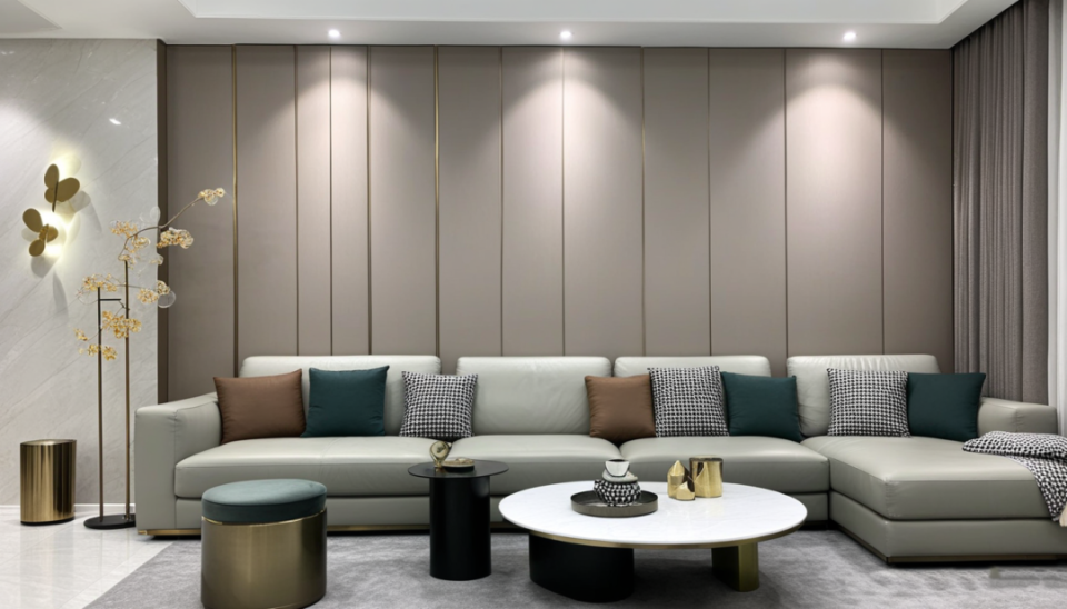 像现代极简,轻奢风的装修,流行在天花墙面等位置加入金属装饰条,用来