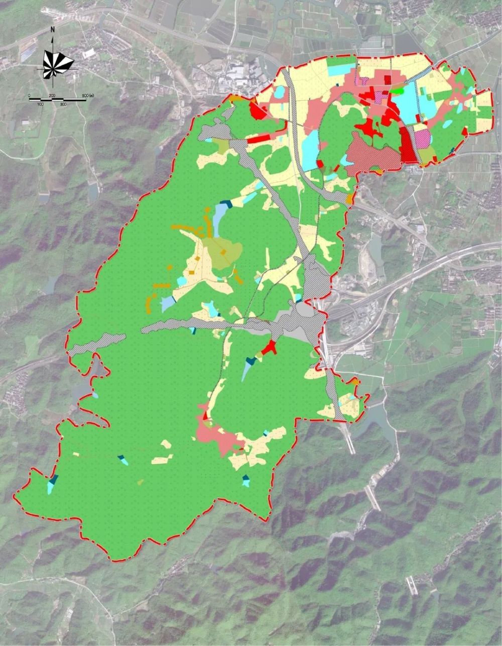 现状用地布局:为坡塘村行政范围,包含坡塘,盛