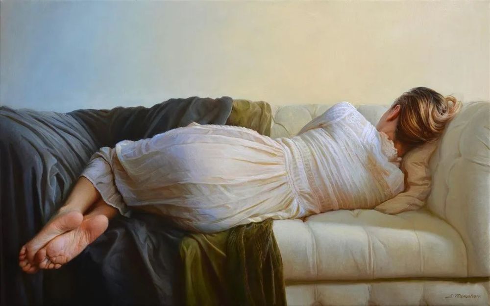穿着薄纱侧躺在沙发上的女性油画把女人的美画绝了