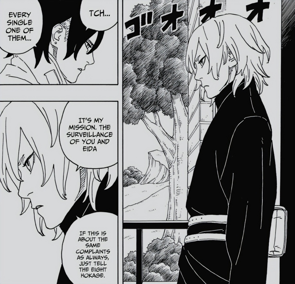 此时,回到木叶的博人正在和佐良娜,笕堇聊天,博人说