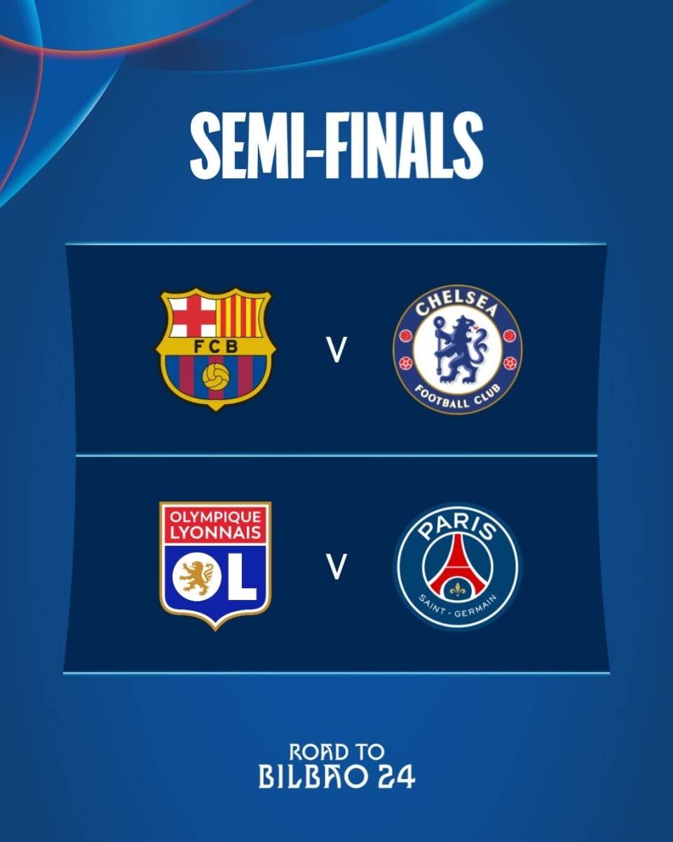 女足欧冠半决赛对阵巴萨vs切尔西里昂vs巴黎圣日耳曼