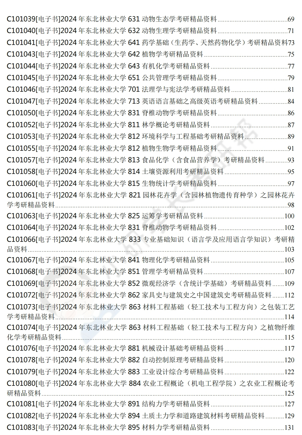 2024年東北林業大學考研專業課初試資料目錄