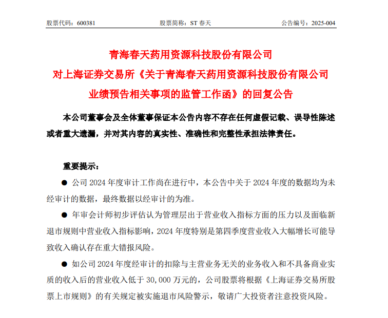 ST春天回复上交所监管工作函，营收真实性等受关注