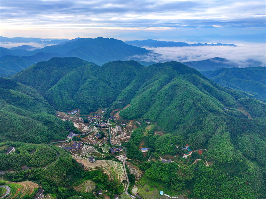 赣州市崇义县上堡乡,层层叠叠的梯田与森林,民宿,公路相互映衬,夏日