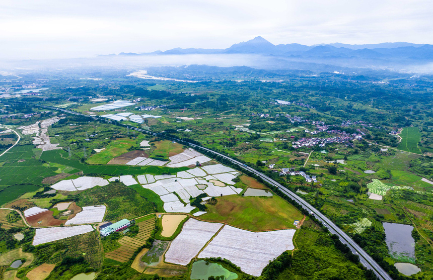 谢东摄航拍江西省抚州市南丰县洽湾镇长岭村,济广高速公路与中药材
