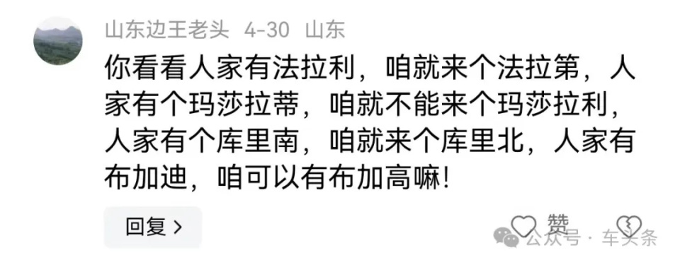 人有法拉利,咱就法拉第;人有玛莎拉蒂,咱就玛莎拉利;人有库里南,咱就
