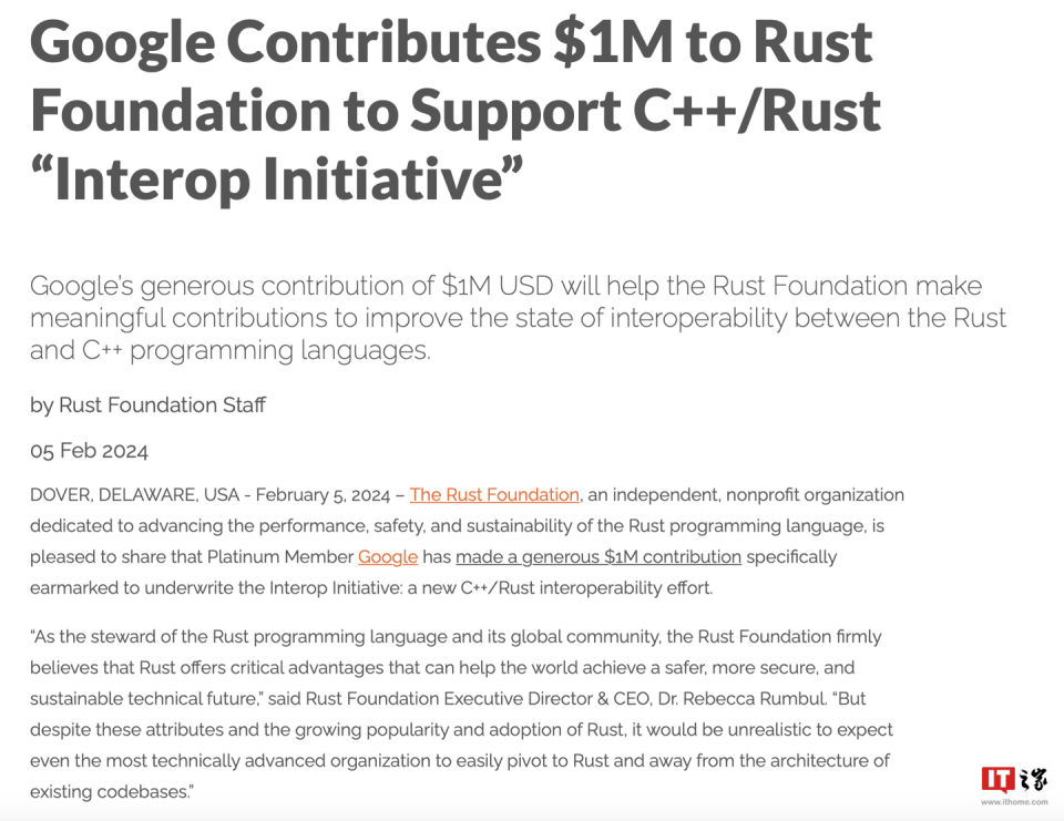 谷歌向 Rust 基金会捐赠 100 万美元，改善 C++ 与 Rust 互操作性_腾讯新闻