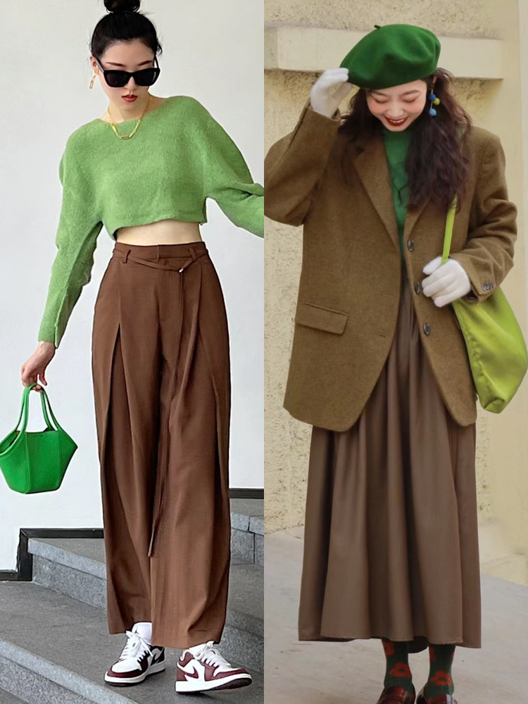 度高的颜色,虽说浅绿色也很时尚,显年轻,但是与棕色衣服搭配会有一种