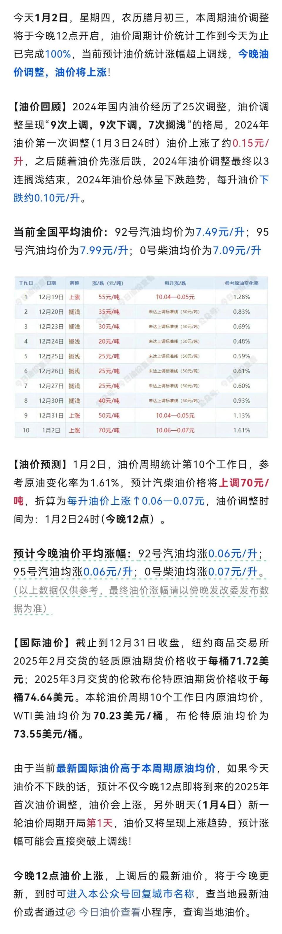 2025年油价首次调整