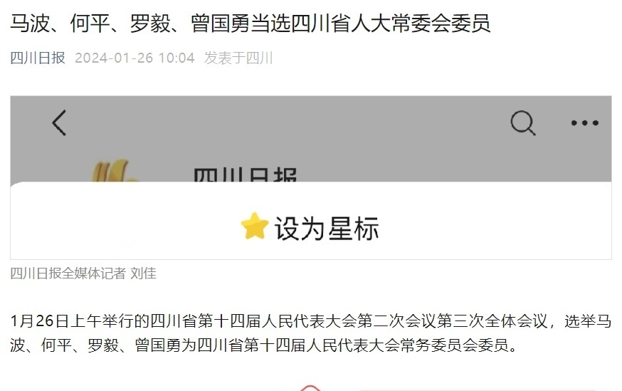 馬波何平羅毅曾國勇當選四川省人大常委會委員