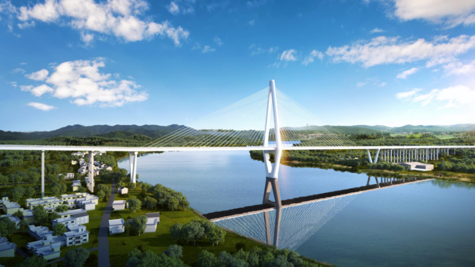汉阳湖岷江特大桥为双塔双索面斜拉桥,主桥长900米,桥宽36