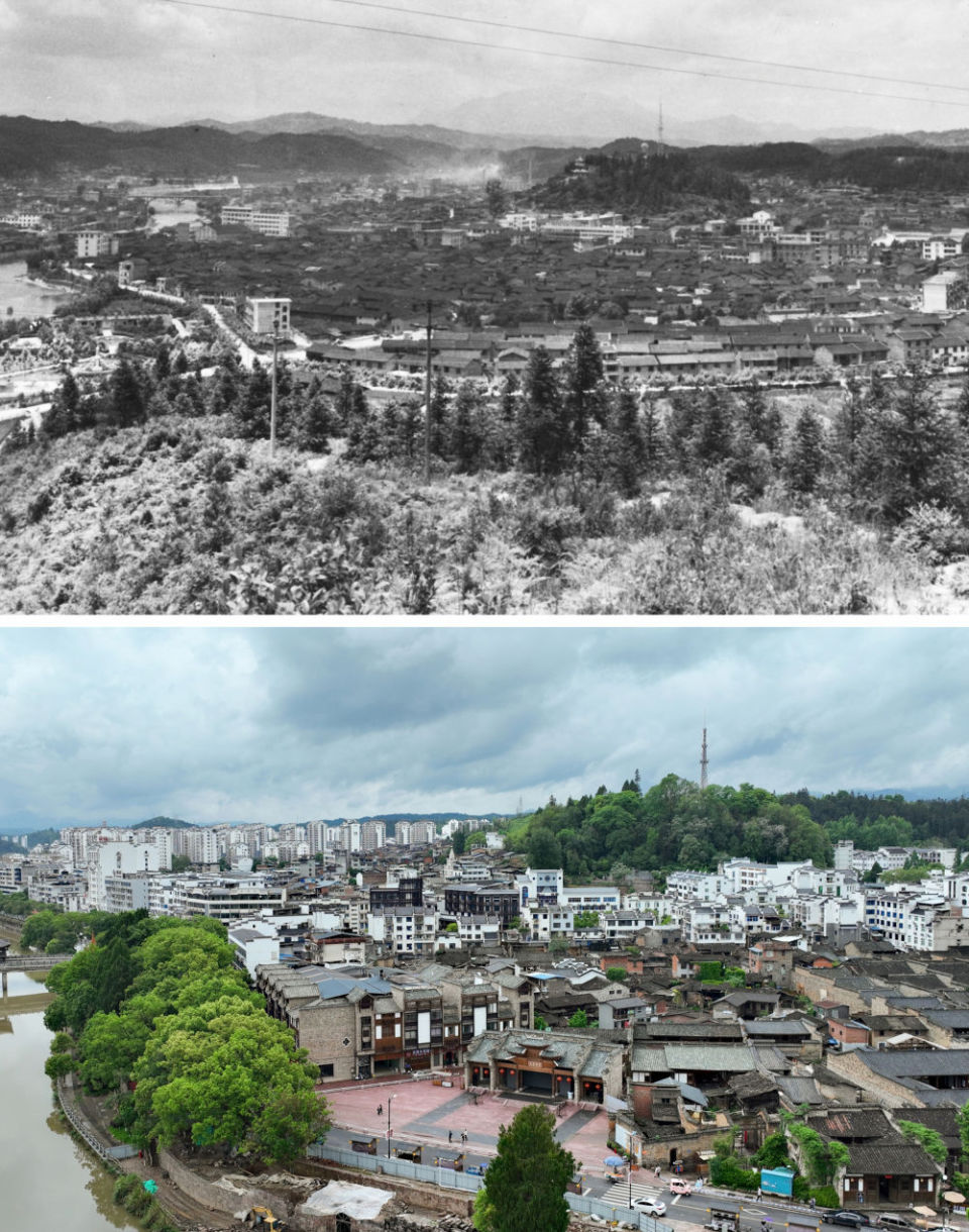拼版照片:上图为福建泰宁县古城核心区(资料照片);下图为同一地点