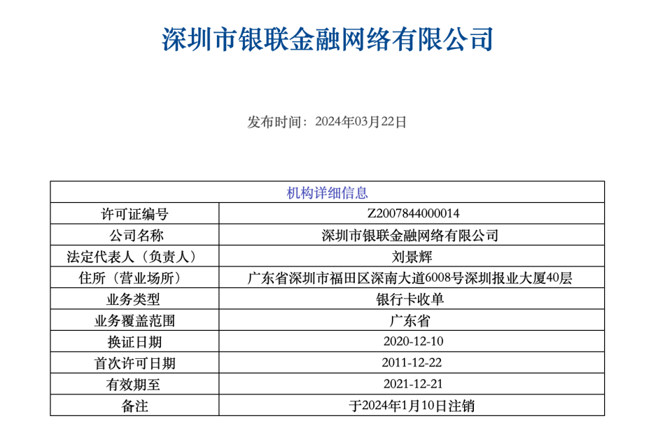 加速瘦身银联商务又一全资子公司支付牌照注销