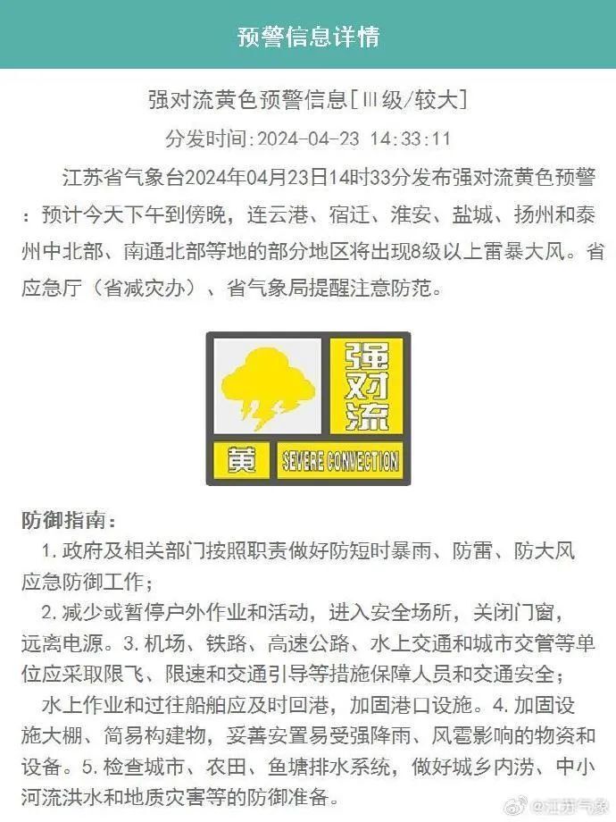海安已发布雷暴大风黄色预警信号请注意防范南通具体天气情况小伙伴们