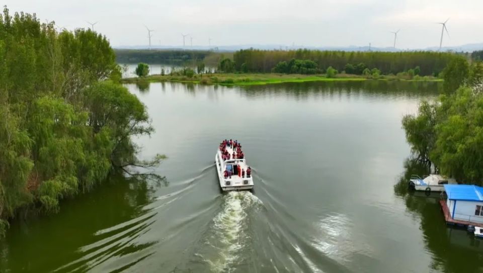 在这里,吹着徐徐春风赏千亩桃花林乘游艇一览鹤鸣湖美景夜幕降临宿在
