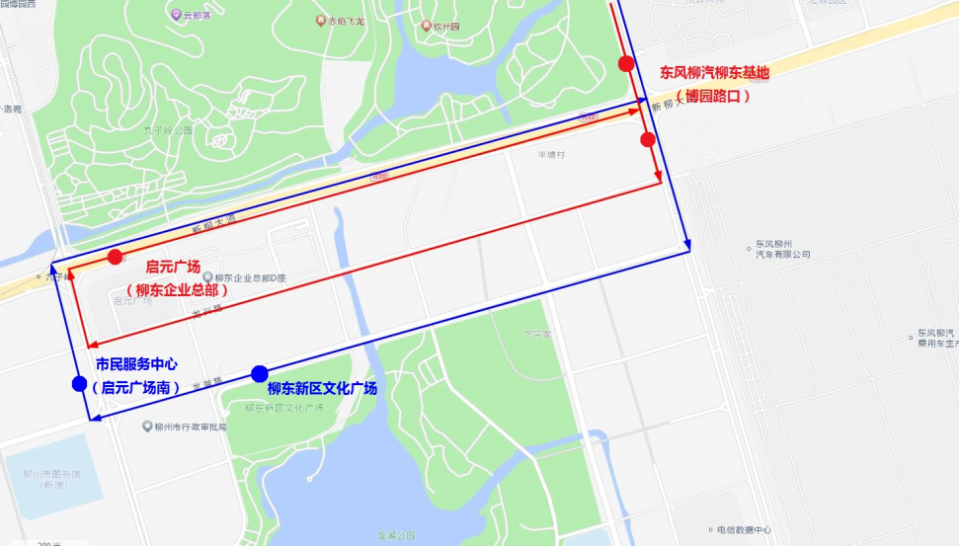 该公交专线从雀儿山公园发车行驶至博园大道和龙兴路交会路口后,调整