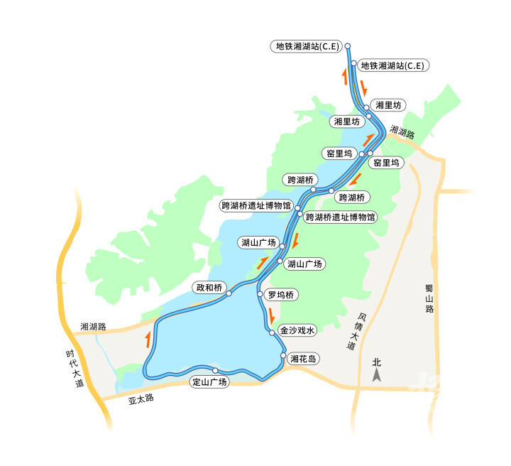 新路线起始点为地铁湘湖站,新增窑里坞,跨湖桥遗址博物馆,湖山广场等