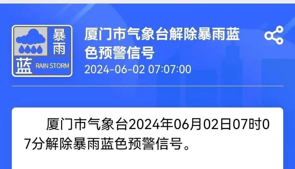 解除暴雨蓝色预警信号厦门市气象台今天(2日)7时7分和雷电黄色预警