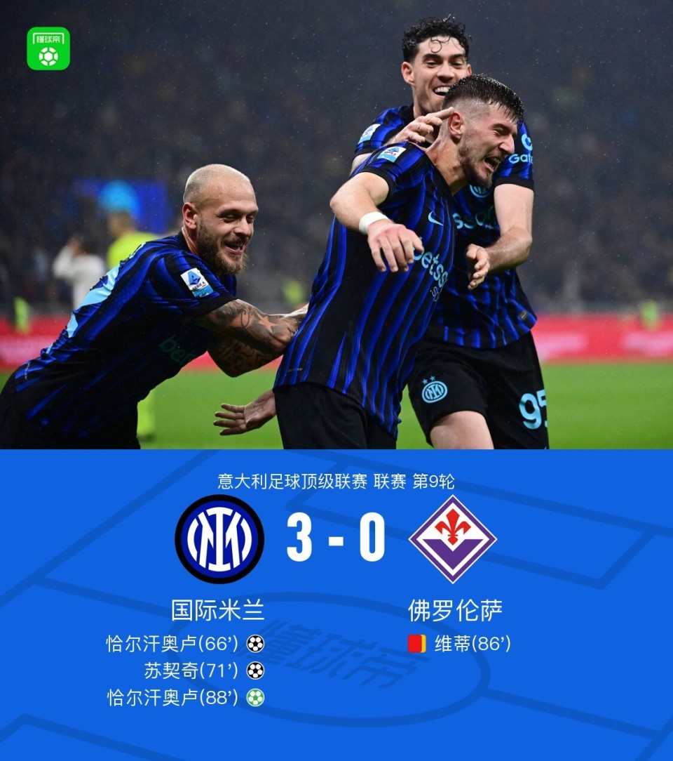 意甲：国米3-0十人佛罗伦萨，恰尔汗奥卢双响，苏契奇建功