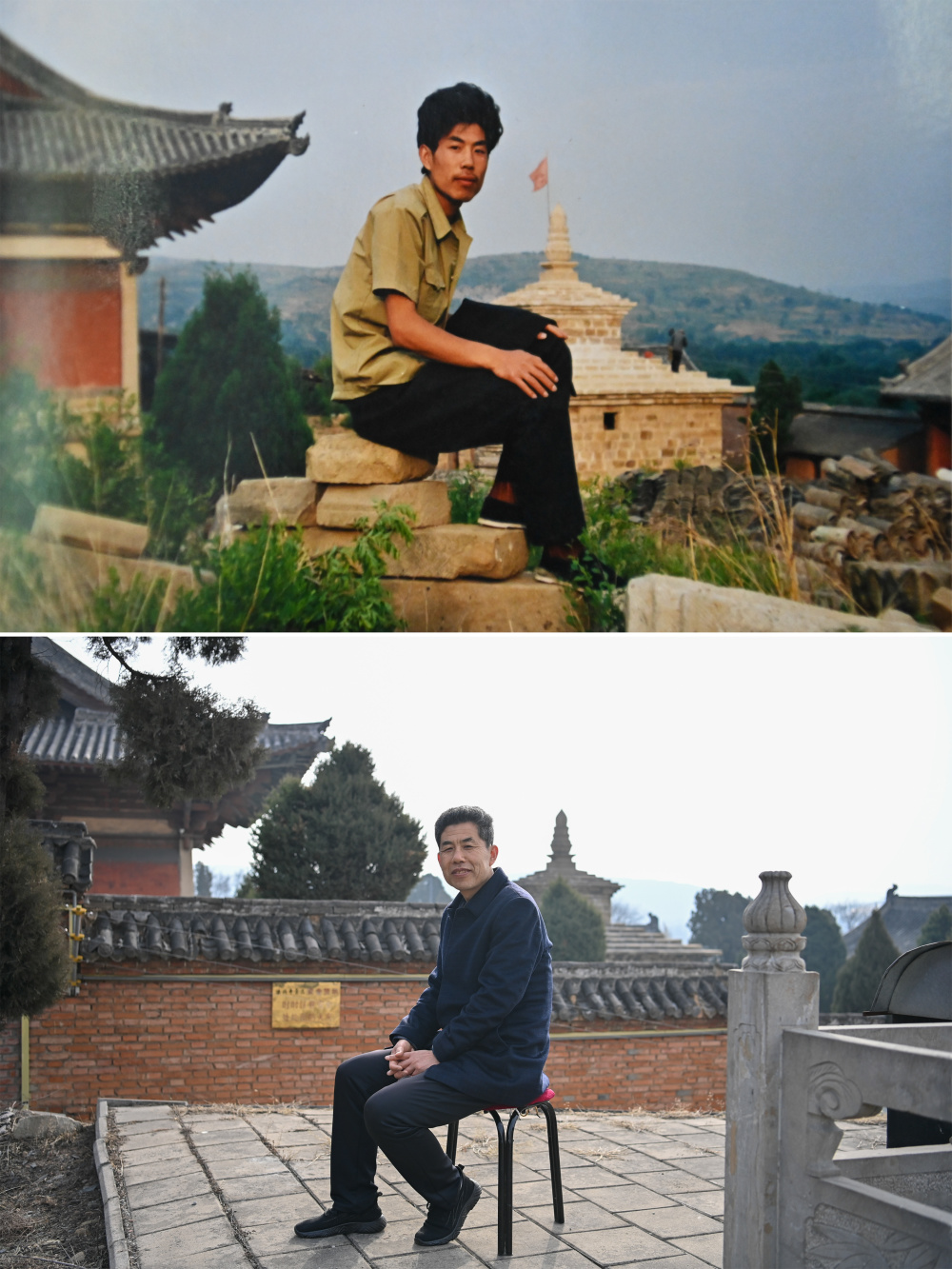在法兴寺外留影(翻拍资料照片);下图为张宇飞在法兴寺外留影(新华社