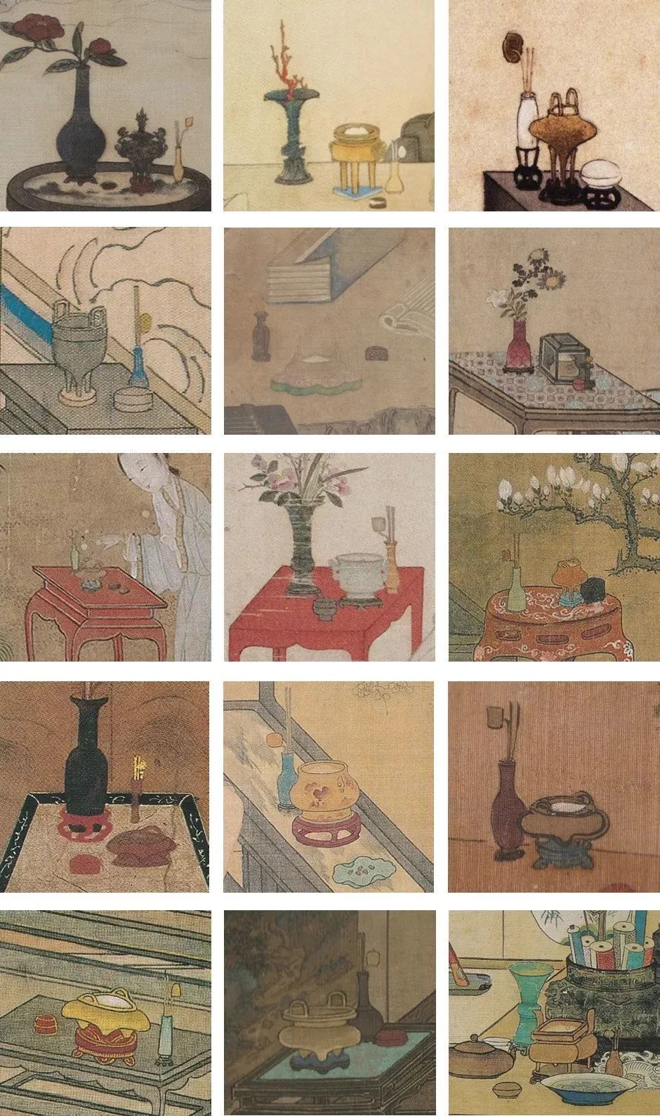 "一炉,一盒,一瓶"的书斋案供,搭配瓶花,香案,香几,古物等摆设,是当时