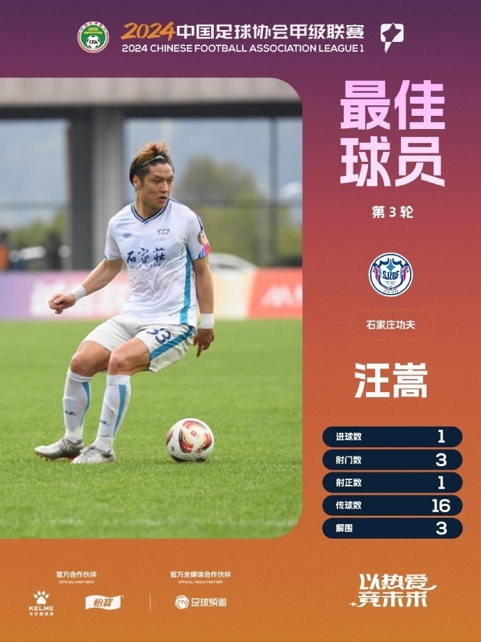 直播吧3月27日讯 中甲联赛官方消息,石家庄功夫40岁中场汪嵩当选中甲