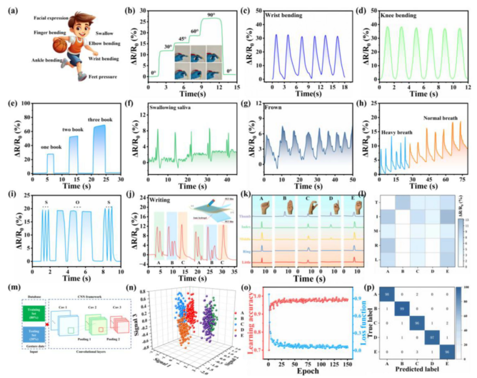 图6 基于LCPAD水凝胶的实时人体运动监测、多模态传感及机器学习辅助手语识别