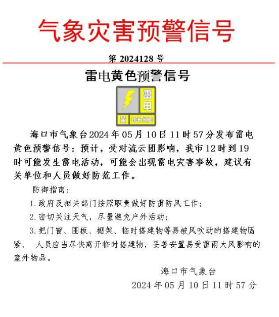 海南多地发布雷电,暴雨预警信号!未来几天天气
