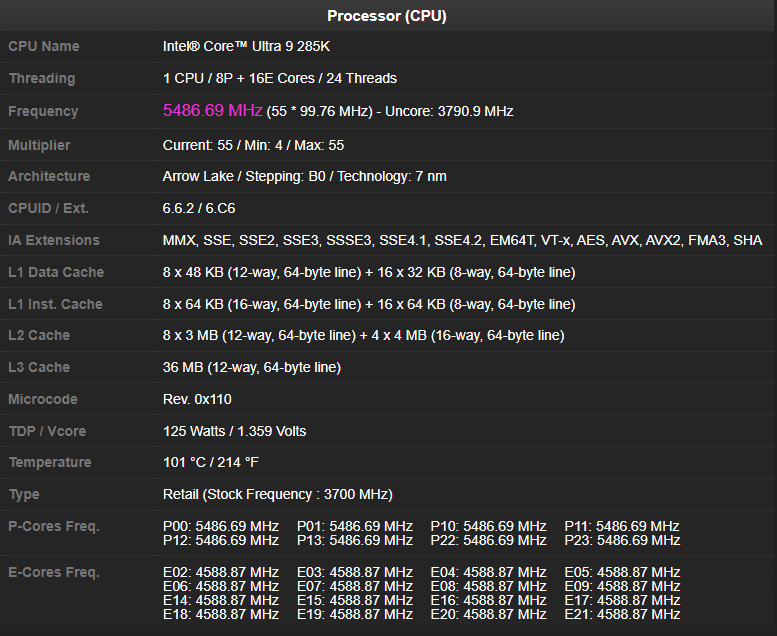 英特尔酷睿Ultra9 285K的CPU-Z跑分曝光：P核5.5 GHz，E核4.6 GHz_腾讯新闻