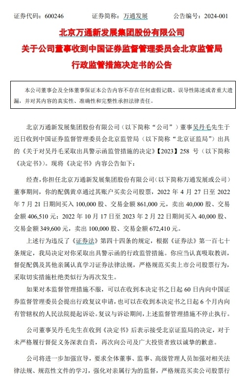 v觀財報萬通發展董事短線交易被證監會立案