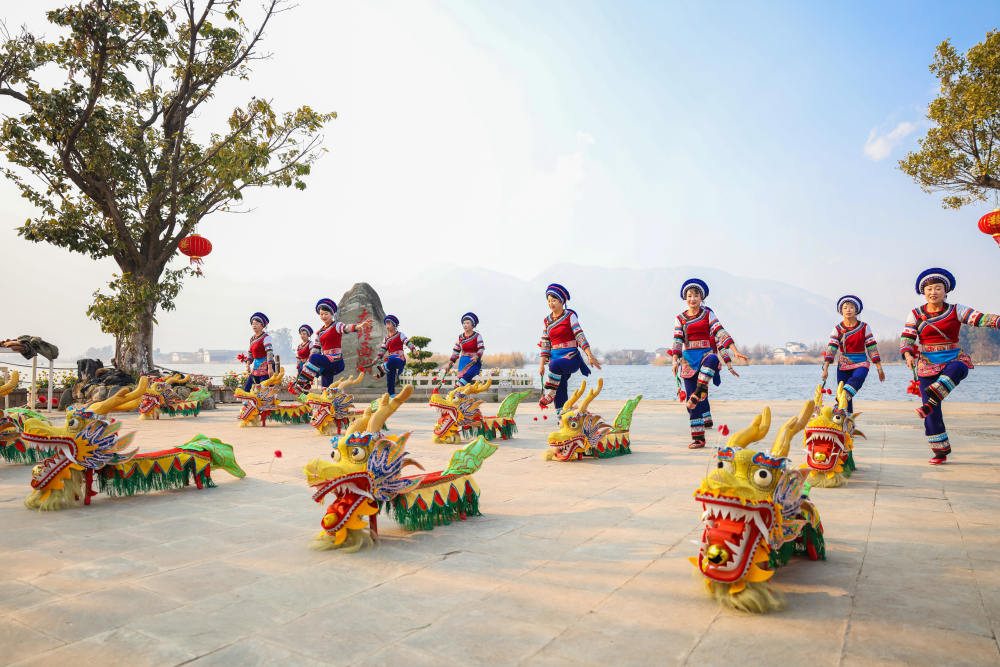 云南洱源"非遗"走进大理西湖风景区,舞白族"板凳龙",展演民俗文化