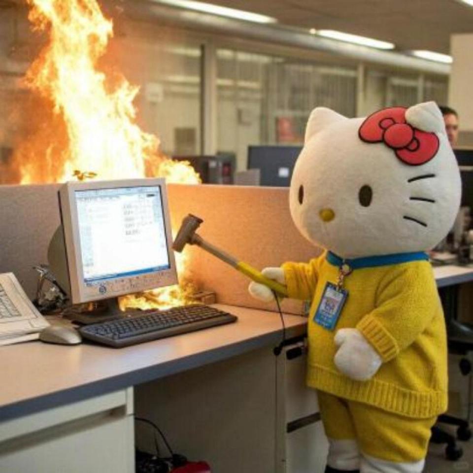 工位着火还面无表情的kitty,好像在演我