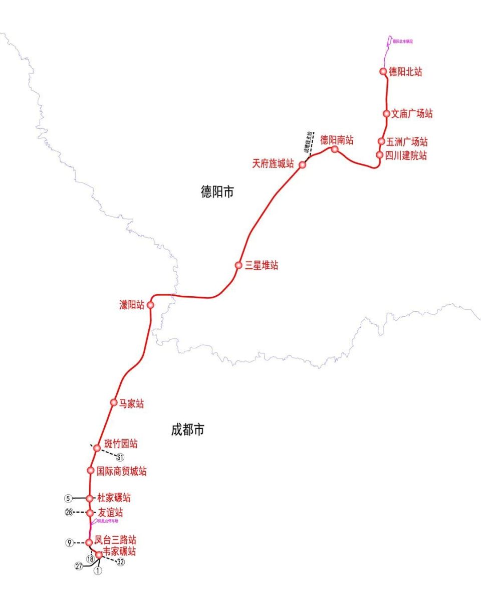 成德线始于成都地铁1号线韦家碾站,止于德阳市德阳北站,全线共设置