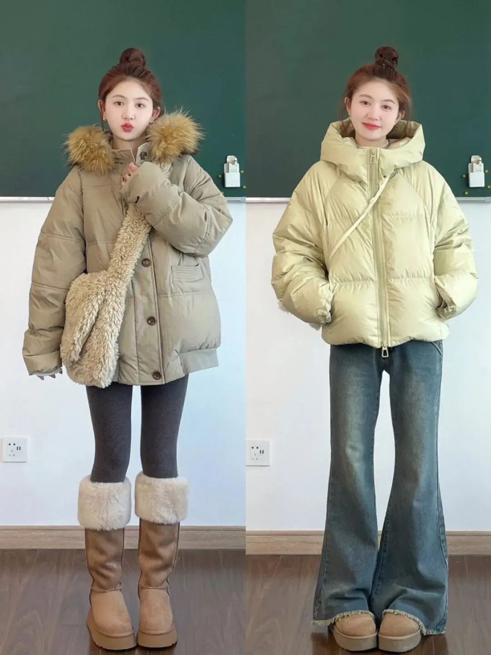 灵格换羽绒服,简约清爽,相对来说要显得轻薄一些,下半身搭配上瑜伽裤