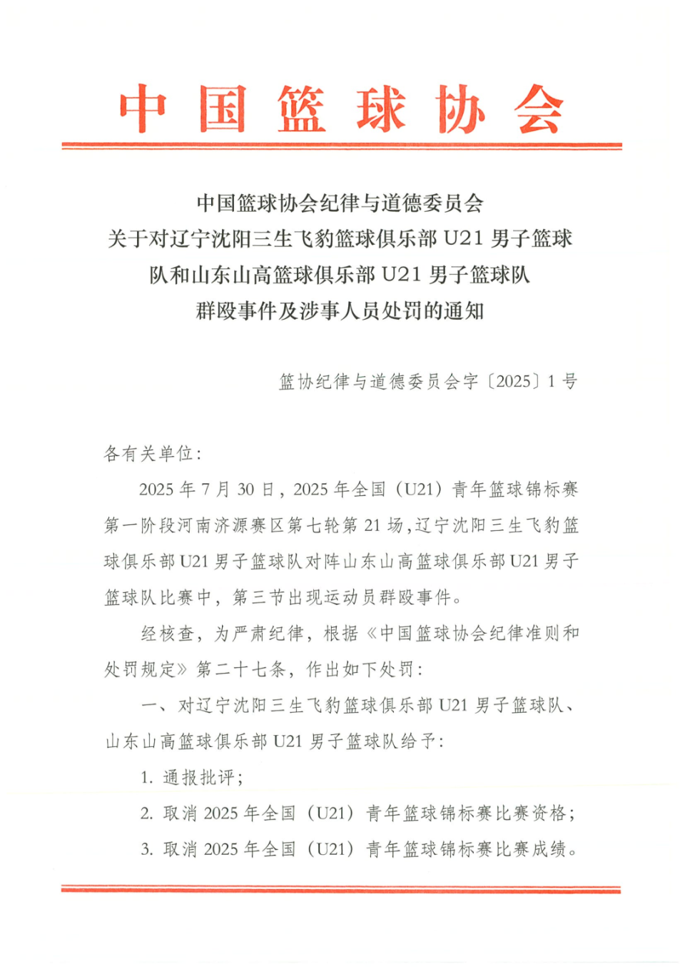 中国篮协通报U21群殴事件，对4名球员处罚停赛三年