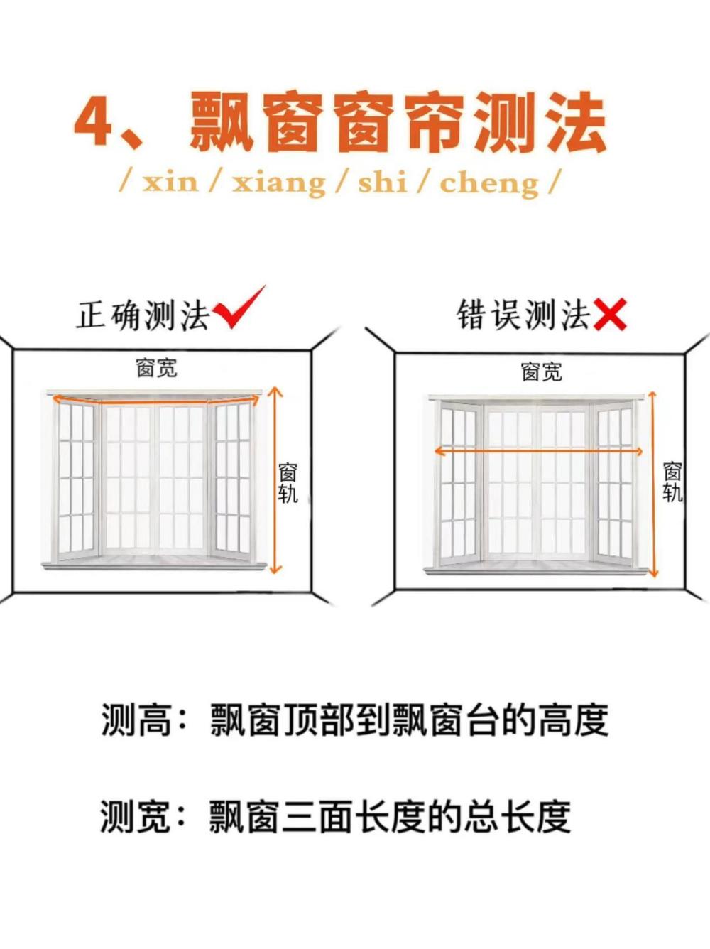 ④飘窗窗帘测法:飘窗三面长度的总长度③局部半腰窗帘测法:宽度为窗户