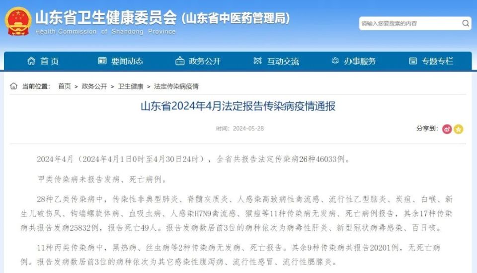 山东最新传染病疫情通报!