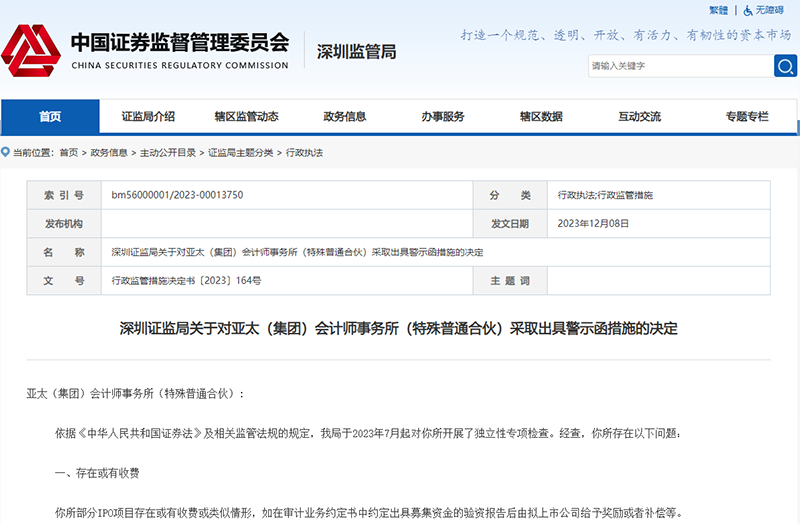 此前的12月8日,深圳證監局對亞太(集團)會計師事務所(特殊普通合夥)