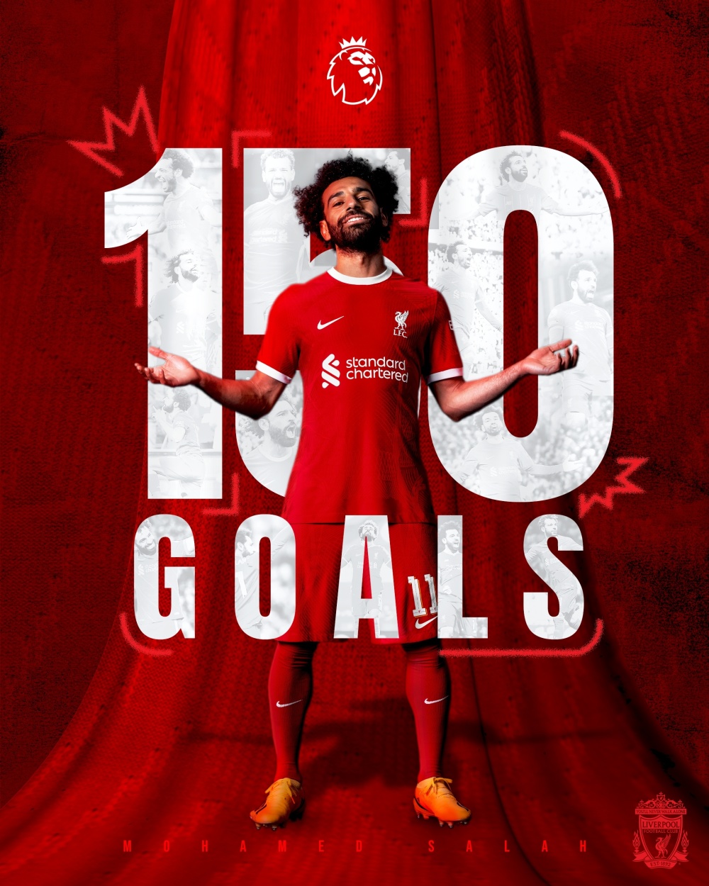 萨拉赫利物浦生涯200球英超150球红军官方晒海报