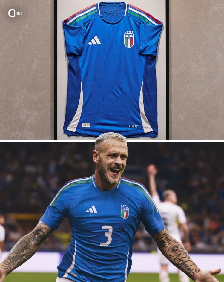 蓝色,阿迪达斯标志,球员号码,侧面条纹为白色,肩膀则带有意大利国旗的