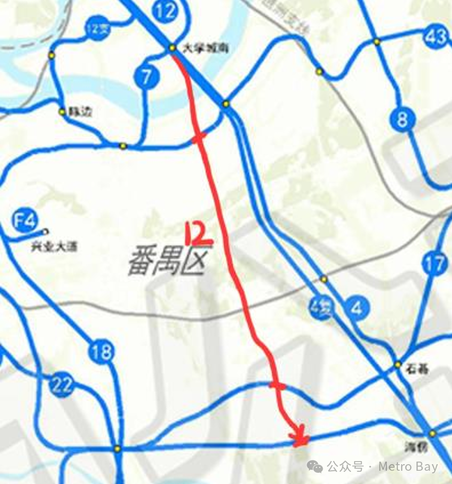 沿兴业大道,市新路,南大干线敷设,途经南村镇核心区,大学城二期,止于