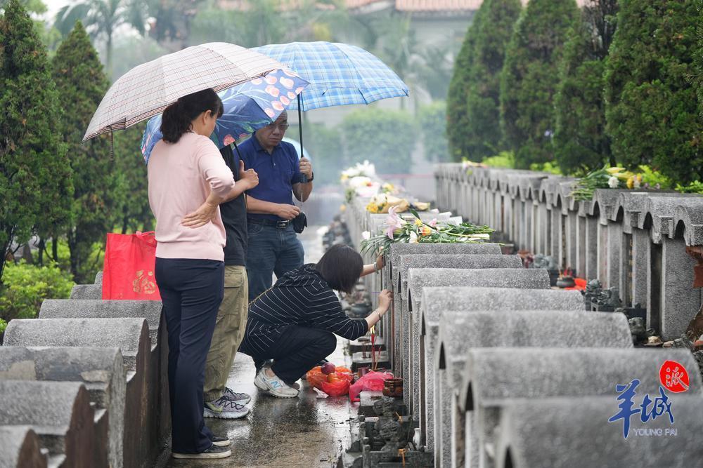 清明节,广州火葬场和银河公墓,市民带上鲜花和祭品拜祭先人,雨中扫墓