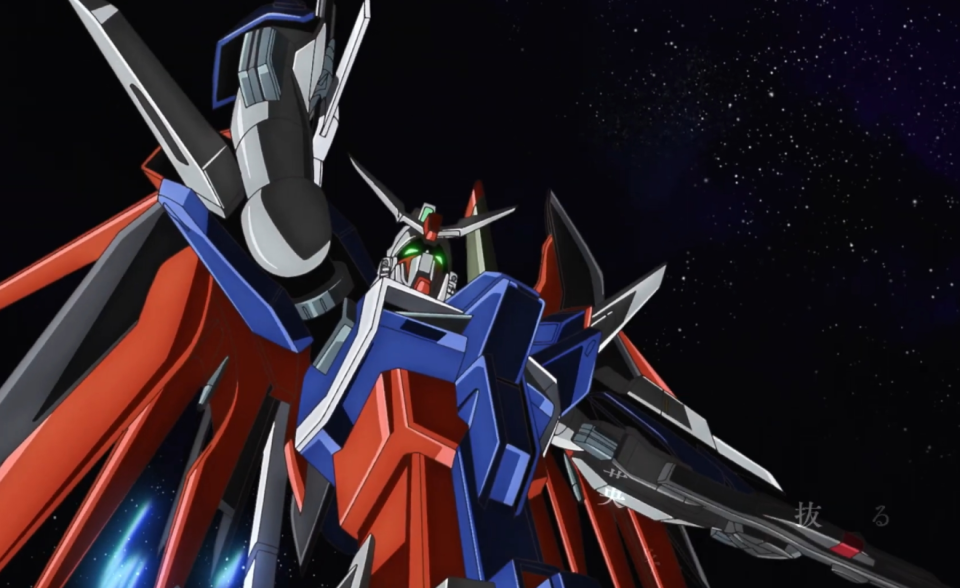 高达seed剧场版最终战部分战斗画面:帅气十足的拂晓和命运高达二式