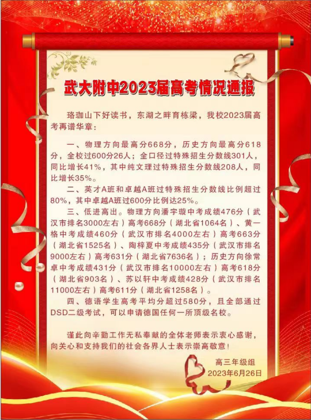 武汉洪山高中,武大附中等5所学校发布2023高考喜报!