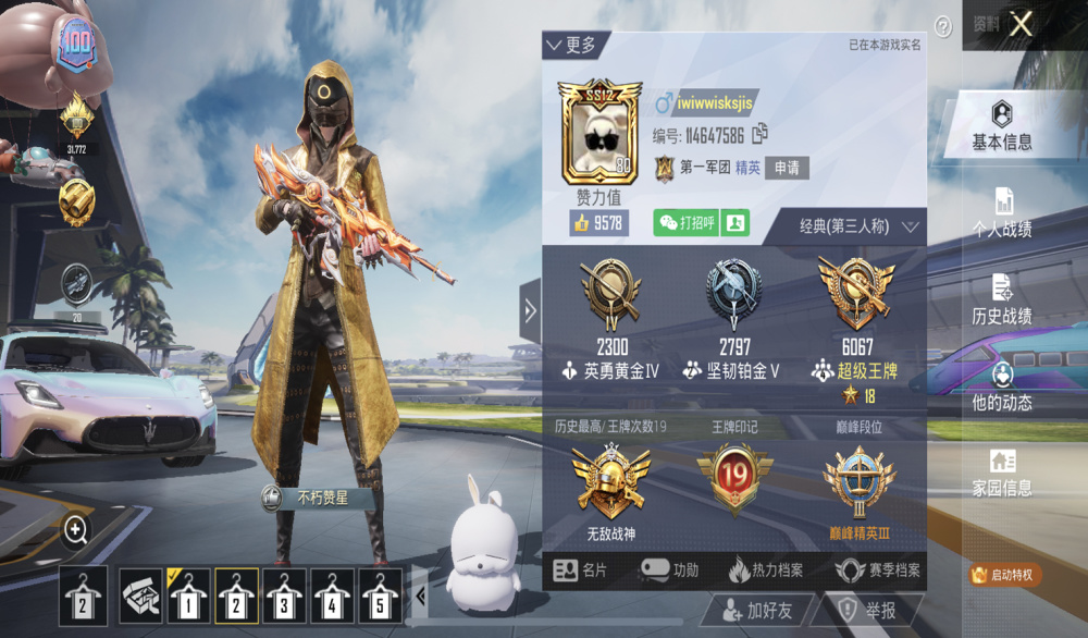 同样是一位老玩家,足足拥有26个王牌印记,身上的"炽羽金尊"发出闪闪的