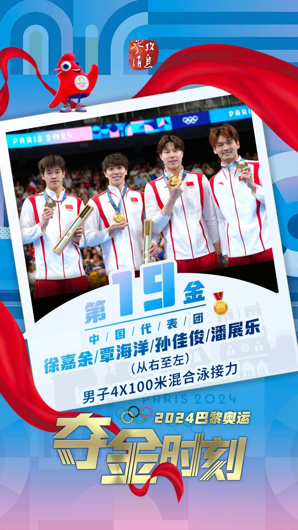 时间8月4日,在巴黎奥运会游泳男子4x100米混合泳接力决赛中,由徐嘉余
