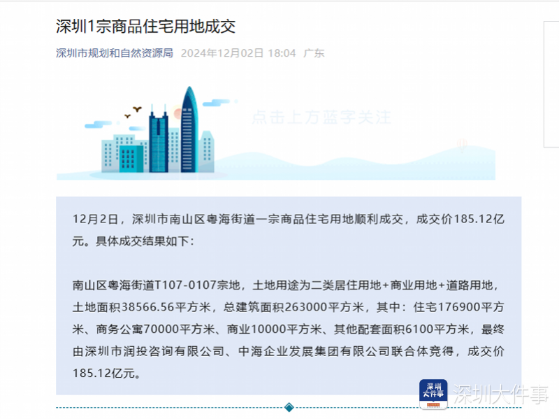 185.12亿元！央企抢地，刷新深圳宅地成交总价最高纪录_腾讯新闻