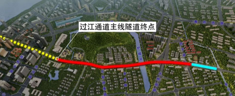 正在穿越仪凤门,长江大桥南引桥的建宁西路过江通道江南连接线,正在